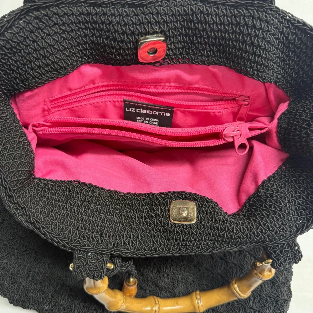 Liz Claiborne Black Woven Bamboo Handle Satchel Tote Handbag Pink Lining